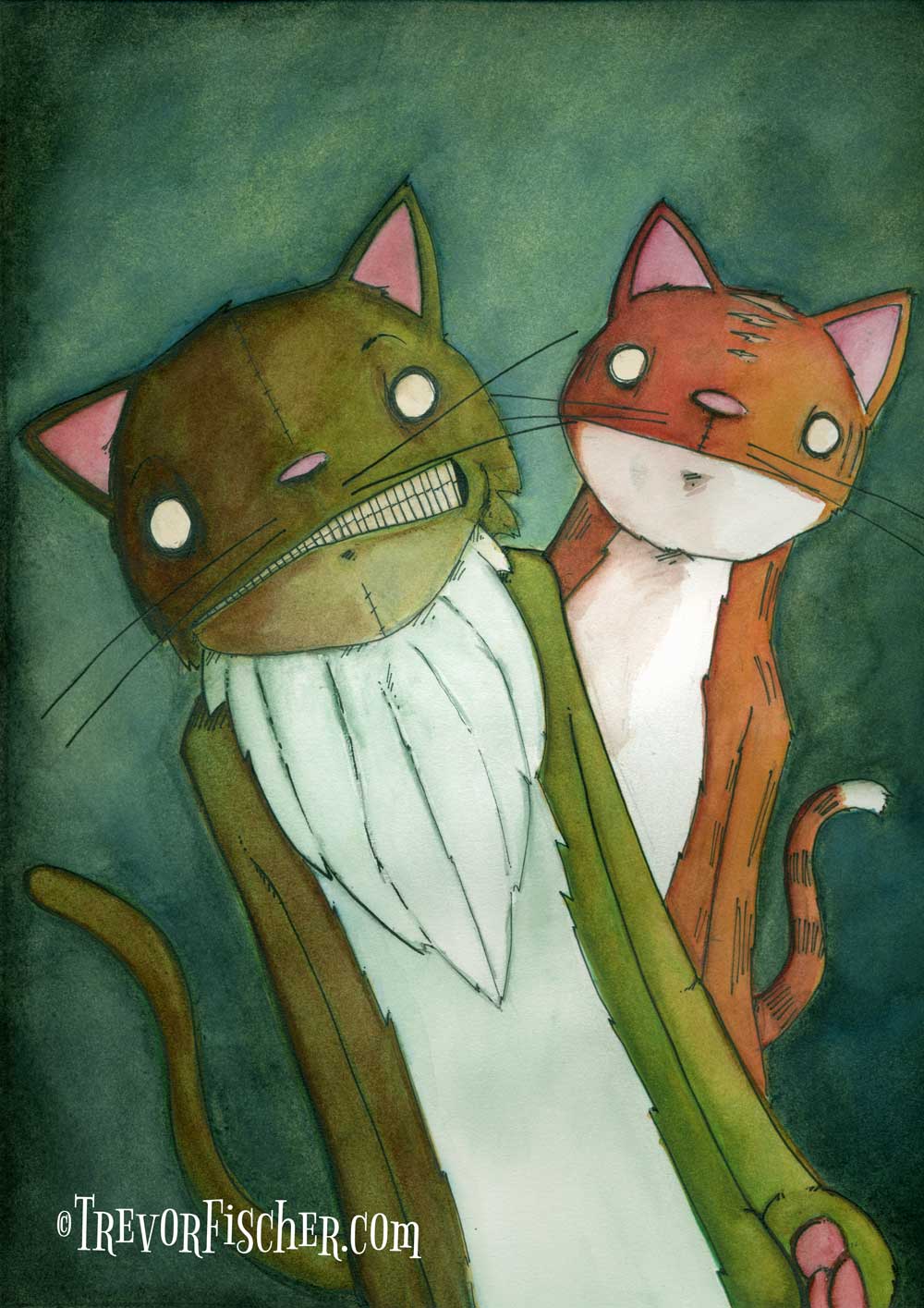 Water colour picture of cats in a goth sort of style