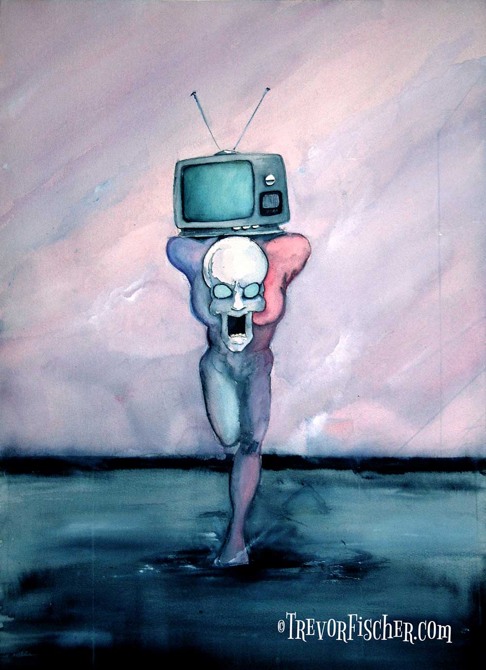 A skeletal figure with a TV on its back running at the viewer